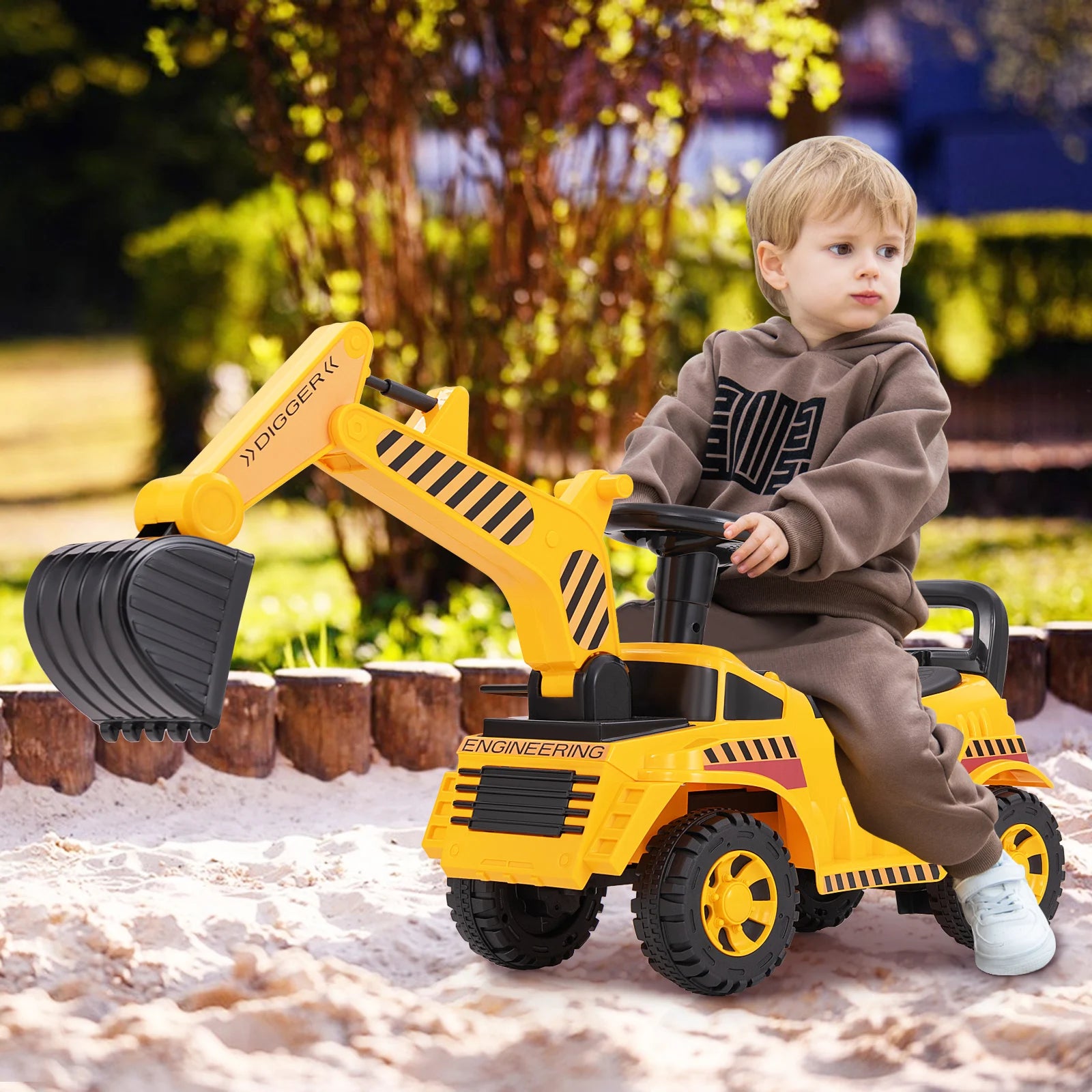 Kids Ride on Excavator with Adjustable Shovel Anti-Tipping Block Engine Sound