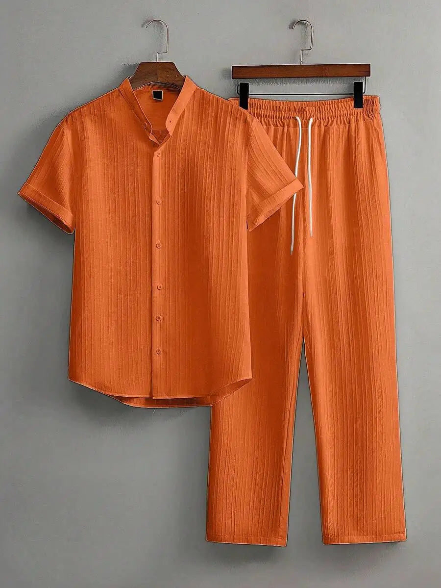 Mens Summer Solid Color Short Sleeve Stand Collar Shirt And Elastic Drawstring Pants Casual Co-ords Set