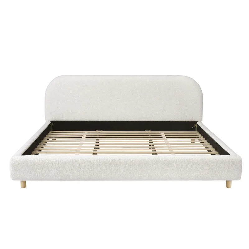 White King Size Upholstered Bed with Curved Headboard and Solid Wood Legs