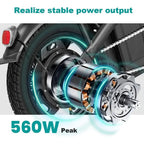 Compact 560-740W Electric Bike for Adults and Teens, 20-25MPH Speed, 32-Mile Range, 48V 10Ah Battery, 3-Level Assist, UL 2849 Ce