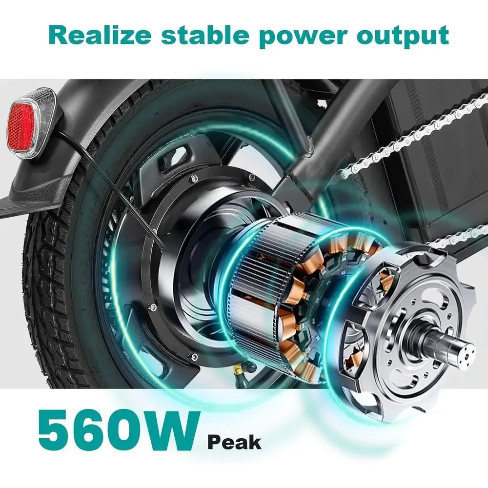 Compact 560-740W Electric Bike for Adults and Teens, 20-25MPH Speed, 32-Mile Range, 48V 10Ah Battery, 3-Level Assist, UL 2849 Ce
