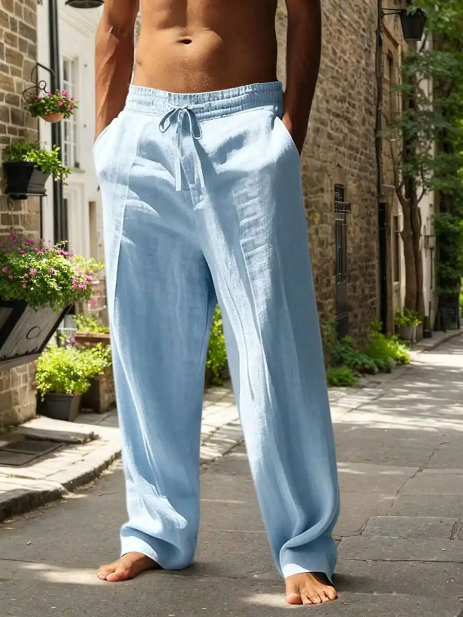 Men White Linen Loose Casual Long Pants For Spring Summer Autumn