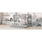Grey Twin Over Twin Bunk Bed with Trundle, Convertible to Two Twin Beds, Includes Ladder and Guardrails