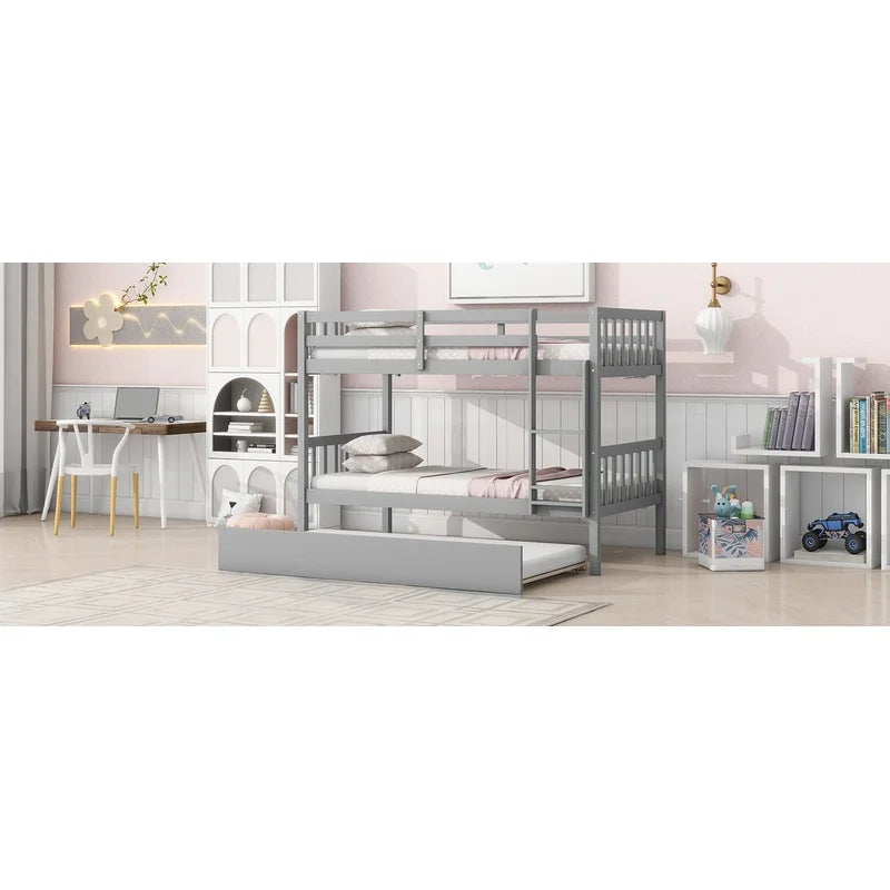 Grey Twin Over Twin Bunk Bed with Trundle, Convertible to Two Twin Beds, Includes Ladder and Guardrails