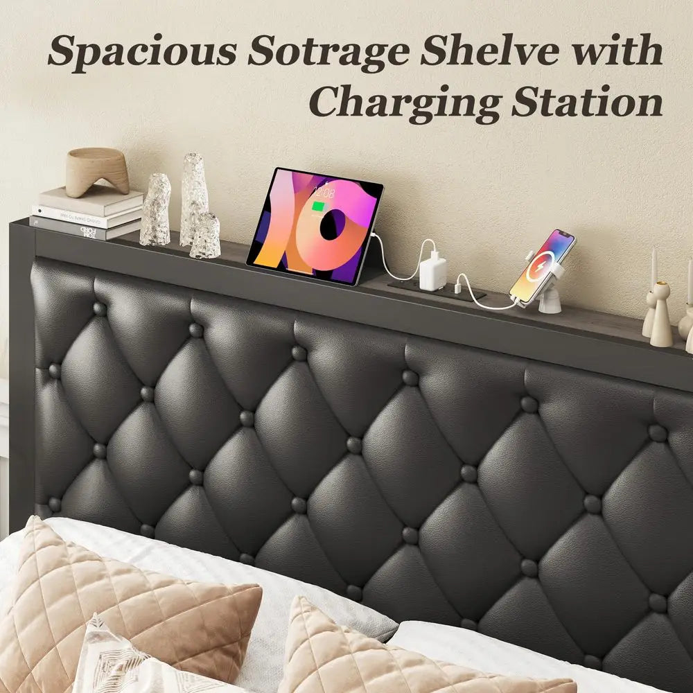 Queen Bed Frame with 2 Storage Drawers, Upholstered Headboard Button Tufted Bed Frame with Charging Station, No Box Spring Need