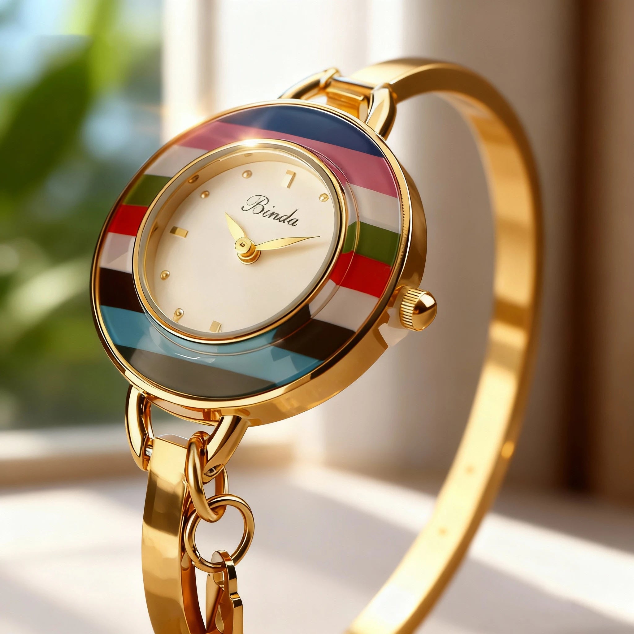 Binda Women’s Elegant Waterproof Quartz Watch – Rainbow Gold Stainless Steel Bracelet, Round Delicate Dial