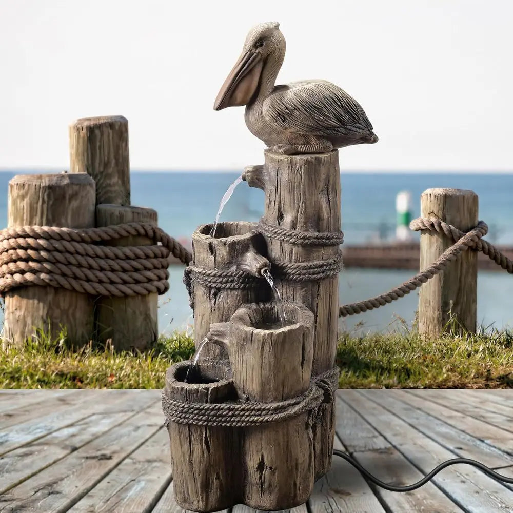 4-Tier Brown Cascading Waterfall Fountain, Durable Outdoor Pier Post Design