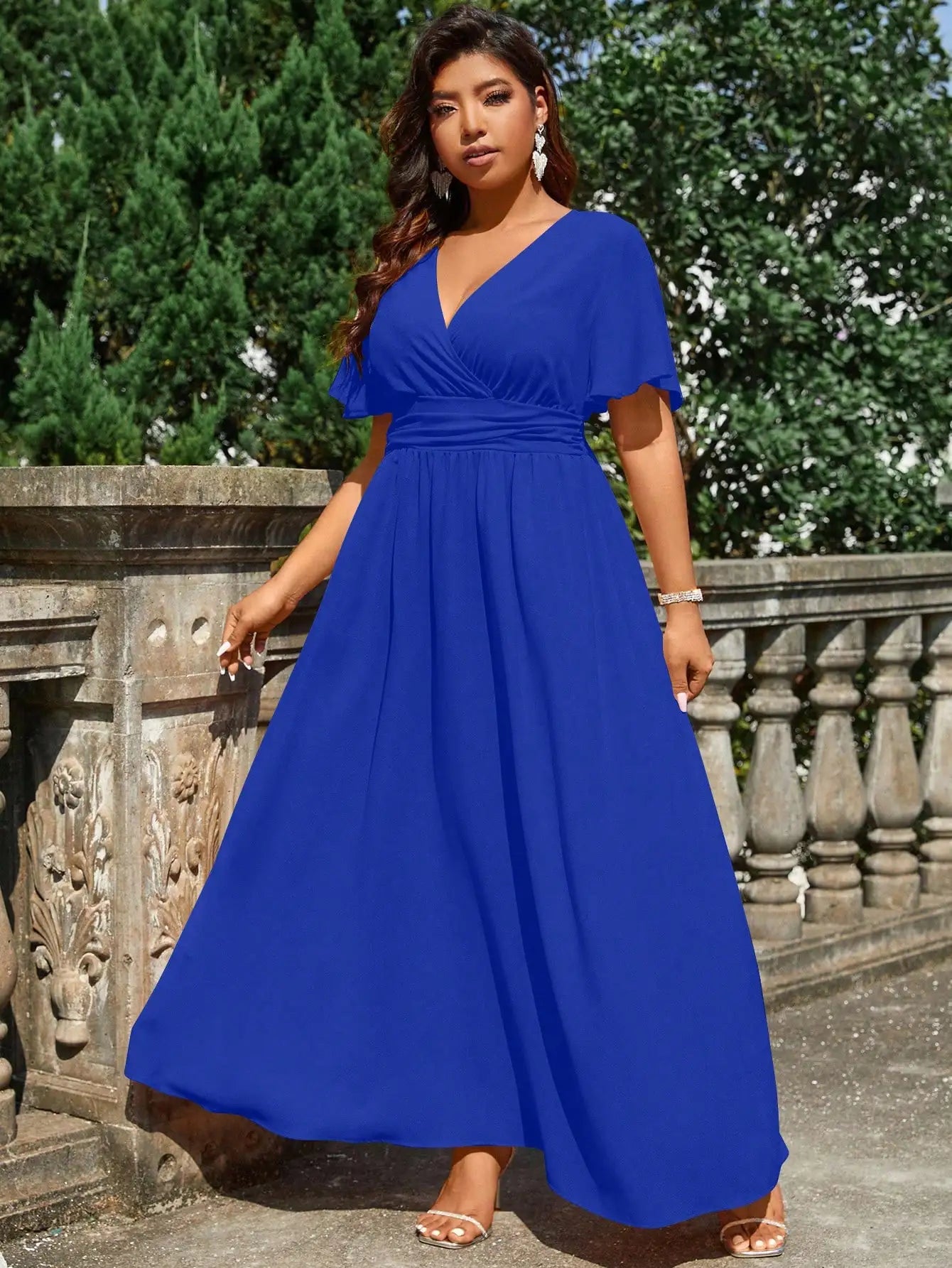 Plus Size Solid Color Wrap V-Neck Maxi Dress For Wedding Formal Occasion
