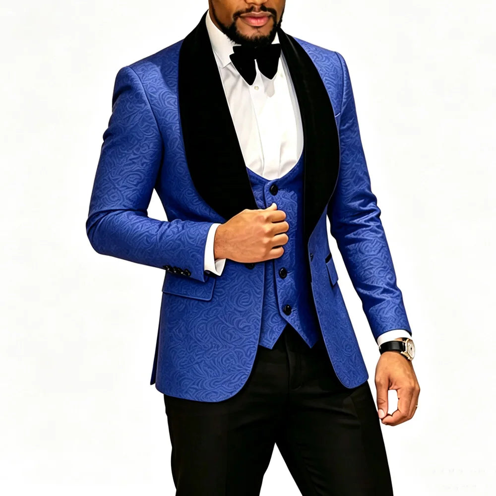 Mens 3 Piece Floral Tuxedo, Jacquard Slim Suit Set, Paisley Blazer Vest And Pants For Prom Wedding