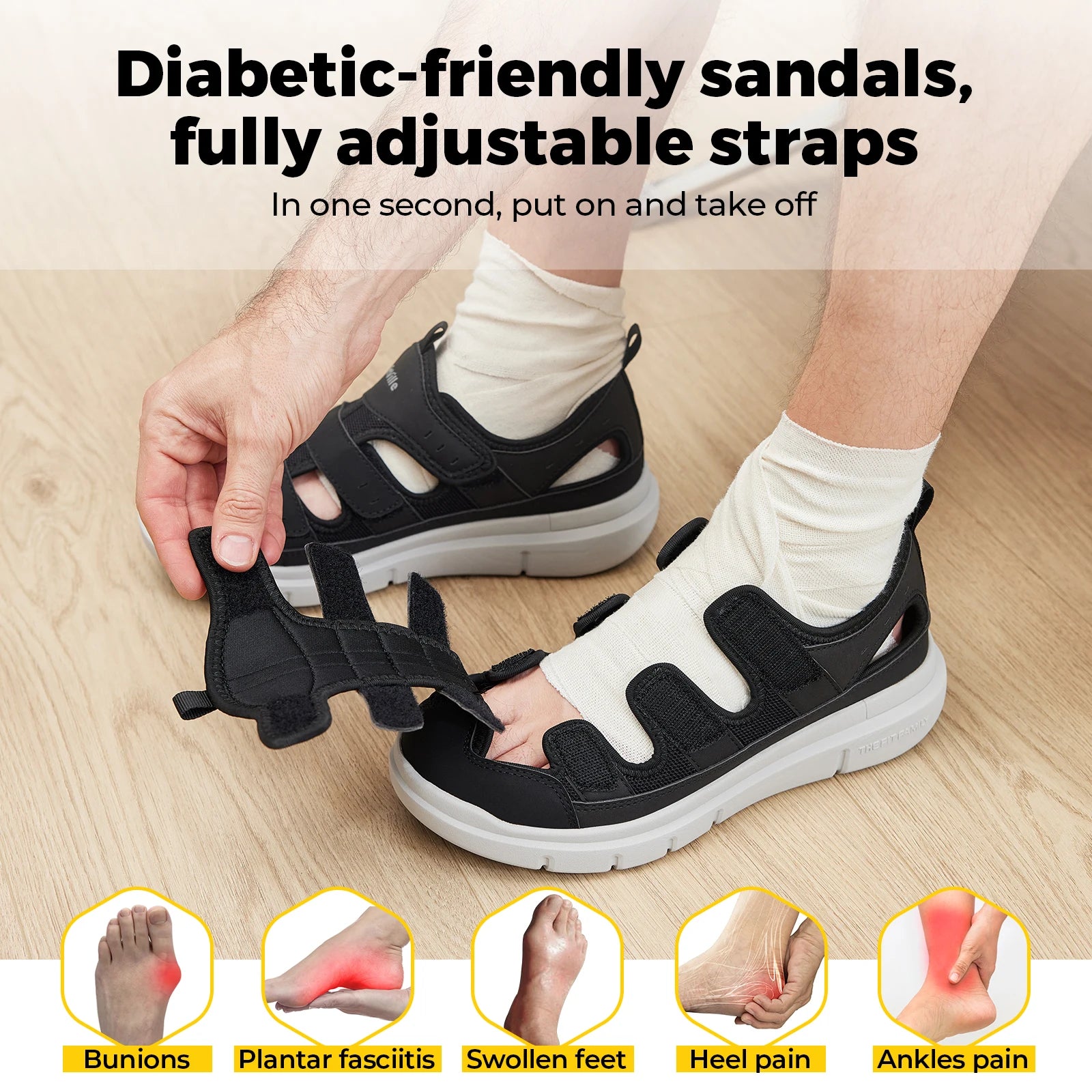 FitVille Men's Sandals Wide Design Diabetic Shoes Lightweight Breathable for Swollen Feet with Arch Support Sandals