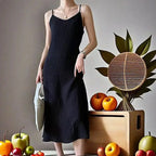 Original Black White Chiba Pleated Suspender Slimming Dress Women Casual Loose Drooping All-Match Dress