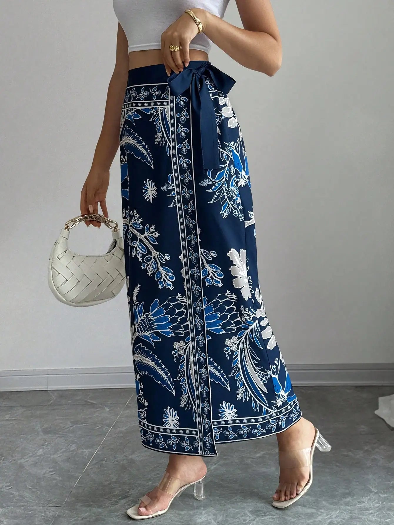 Elenzga Women's Elegant Floral Print Wrap Tie Straight Skirt, Vacation Style