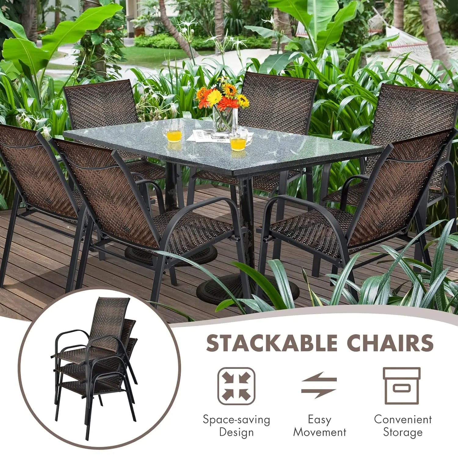 6 Pack Stackable Dining Chairs Outdoor PE Wicker Patio Arm Chairs with Rustproof Steel Frame, Bistro Deck Chairs, Customized