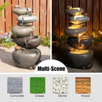 5-Tier Stacked Pebble Outdoor Water Feature with LED Lights and Pump, 24.5 Zen-Style Polyresin Fountain for Garden, Patio, Yard