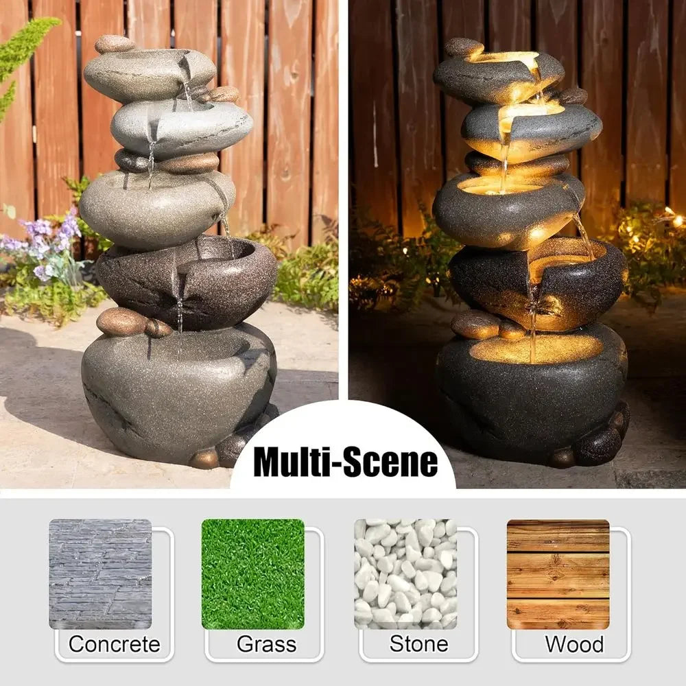 5-Tier Stacked Pebble Outdoor Water Feature with LED Lights and Pump, 24.5 Zen-Style Polyresin Fountain for Garden, Patio, Yard