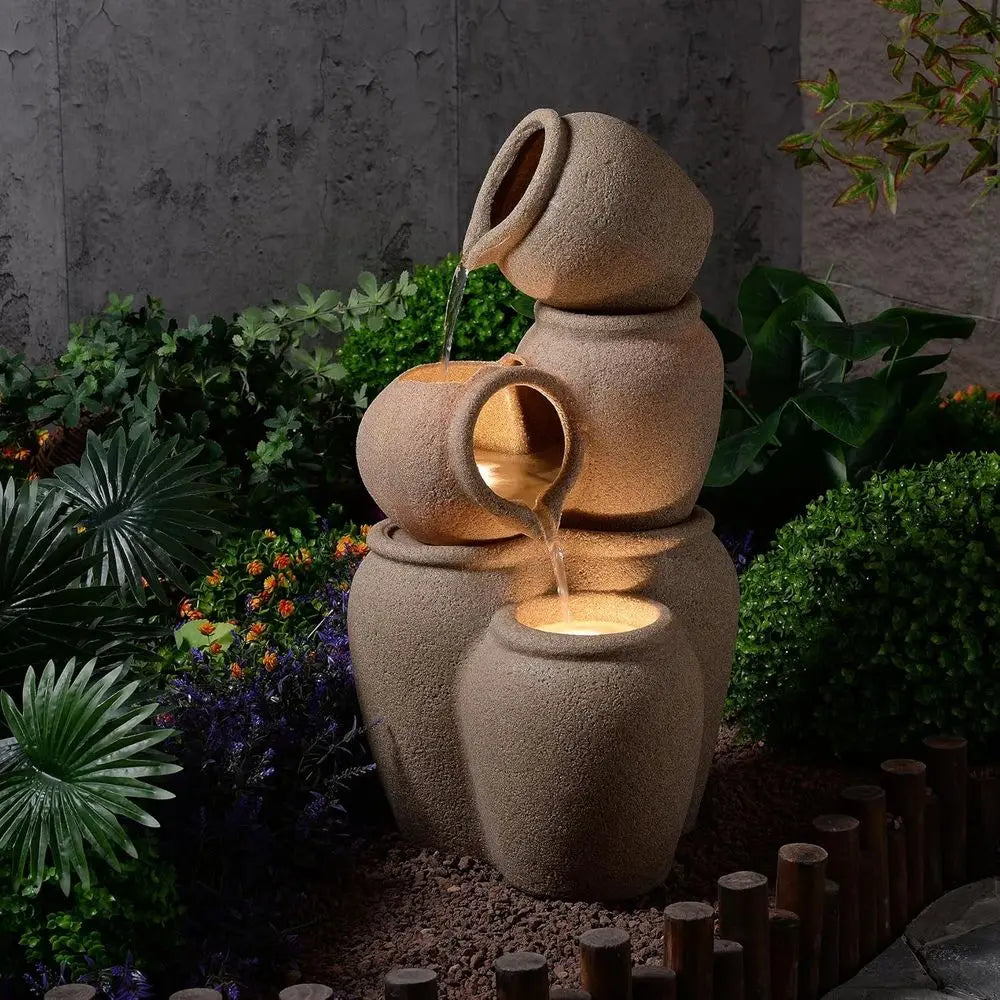 Eco-Friendly 3-Tier Cascading Jars Outdoor Water Fountain with LED Lights for Patio and Backyard Decor