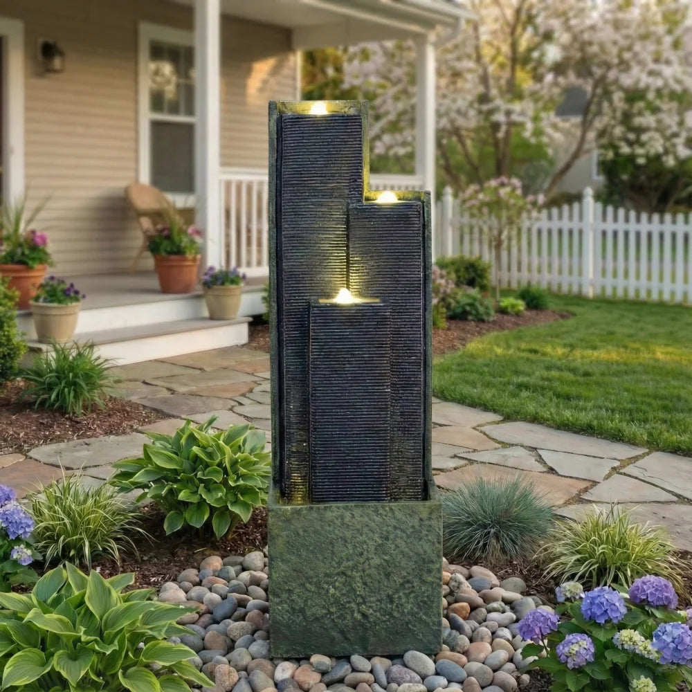 39'' H Outdoor Water Fountain Modern Cascading Freestanding Fountain with LED Lights for Garden Patio Porch Lawn Backyard Decor