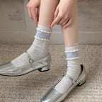 2026 Socks Women Spring Summer Blue Sea Salt Lace Stacking Socks Loose Design Medium Tube Korean Minimalist Cotton Socks