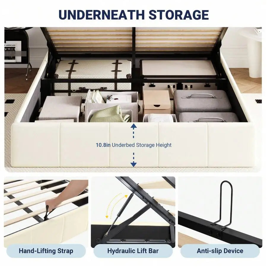Full/Queen/King Size Velvet Lift Up Storage Bed Frame, Vertical Channel Tufted Headboard, Hydrualic Underneath Storage, Upholstered Platform Bed, Wooden Slats Support, No Box Spring Needed, Cream