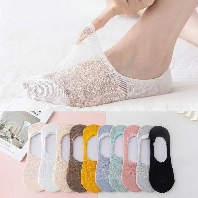 Fashion Non-slip Silicone Lace Ankle Socks Women Invisible Hollow Out Cotton Summer Boat Socks Breathable Short Low Cut Socks