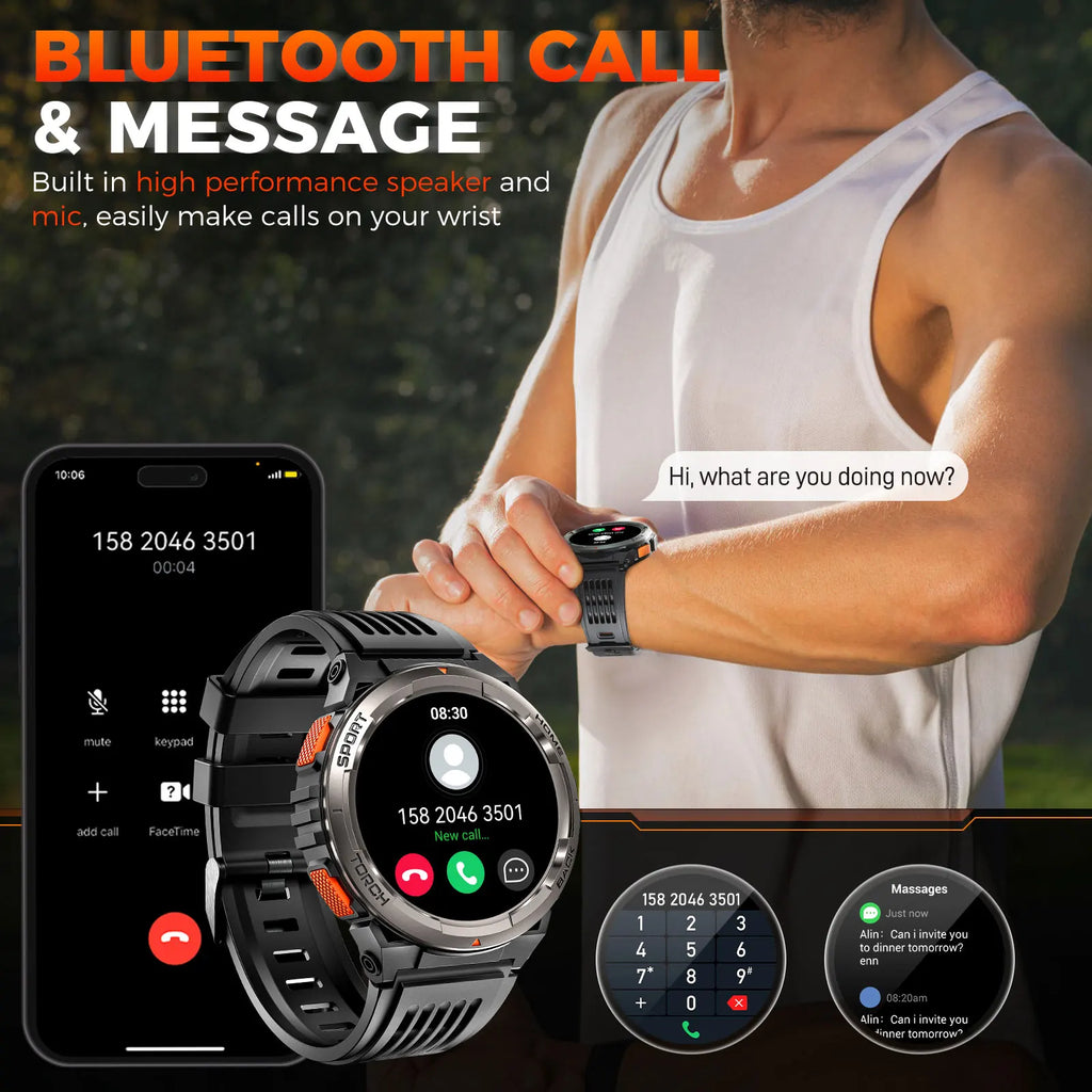 EIGIIS KE5 3ATM Waterproof Smart Watch for Men with LED Flashlight 1.45'' HD Rugged Smartwatch with 530mAh Big Battery