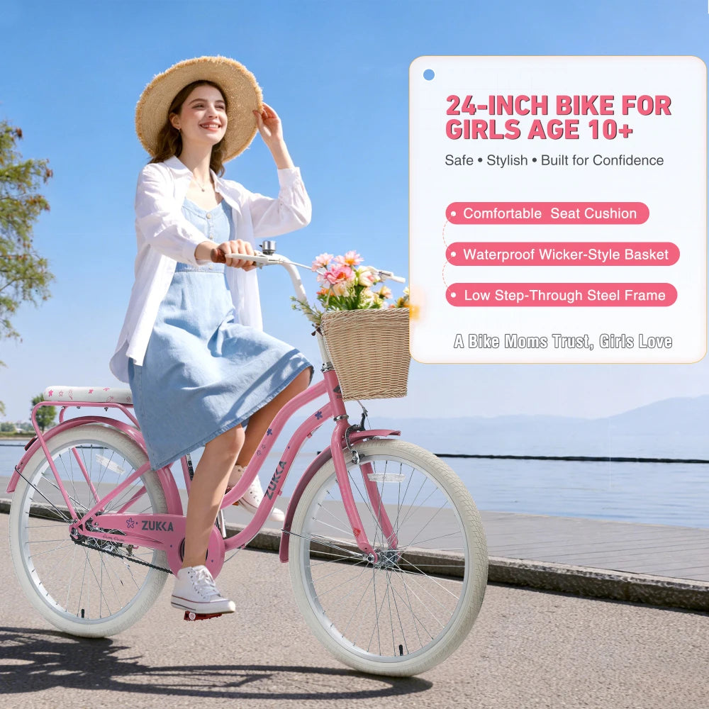 24 inch teenage adult female outdoor cycling, single speed commuter bike with wicker basket and rear rack