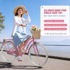 24 inch teenage adult female outdoor cycling, single speed commuter bike with wicker basket and rear rack