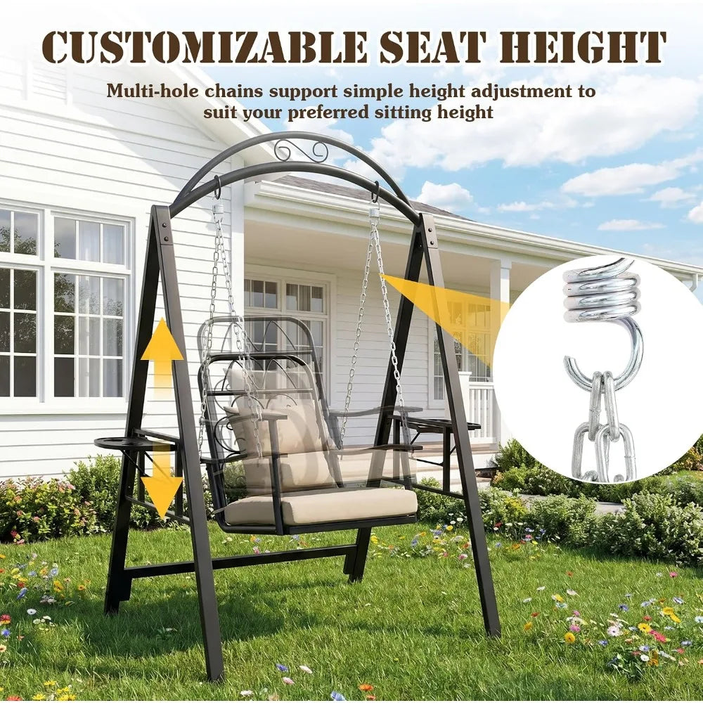 Porch Swing with Stand for Adults - Heavy-Duty Metal, Cushioned, Cup Holders, Adjustable, Easy Assembly