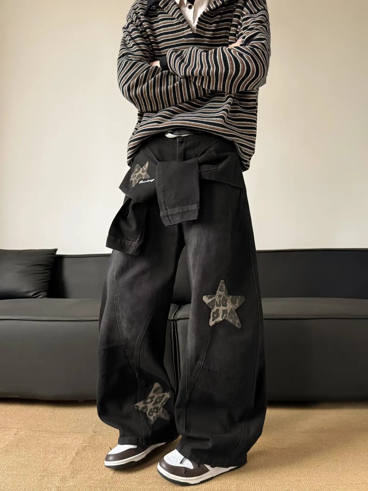 Men's Black Washed Baggy Wide Leg Jeans Leopard Print Star Patch Fake Layer Waist Design Hip Hop Street Style Casual Daily Outing Loose Denim Trousers