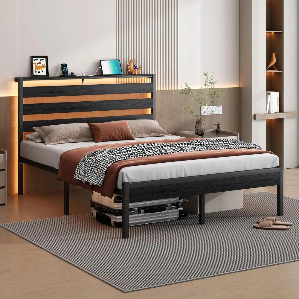 14 Inch Full Size Metal Platform Bed Frame with Headboard, LED & USB Charging, Steel Slats, No Box Spring Needed