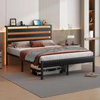 14 Inch Full Size Metal Platform Bed Frame with Headboard, LED & USB Charging, Steel Slats, No Box Spring Needed