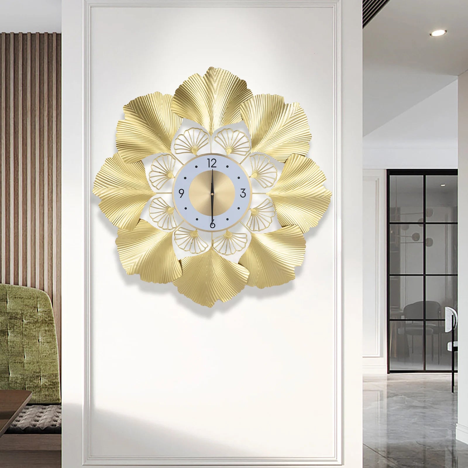 Ginkgo Biloba Wall Clock 70cm Large Nordic Light Luxury Design, White Gold Iron Silent Non-Ticking Battery Operated Living Room