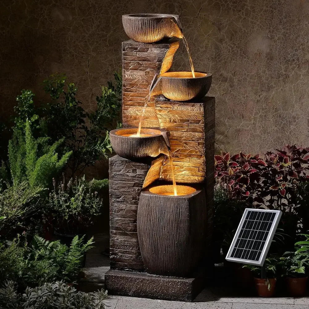 4-Tier Outdoor Water Fountain with Cascading Bowls, Stacked Stones, and LED Lights for Garden, Patio, Deck, and Backyard Decor