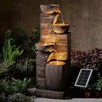 4-Tier Outdoor Water Fountain with Cascading Bowls, Stacked Stones, and LED Lights for Garden, Patio, Deck, and Backyard Decor