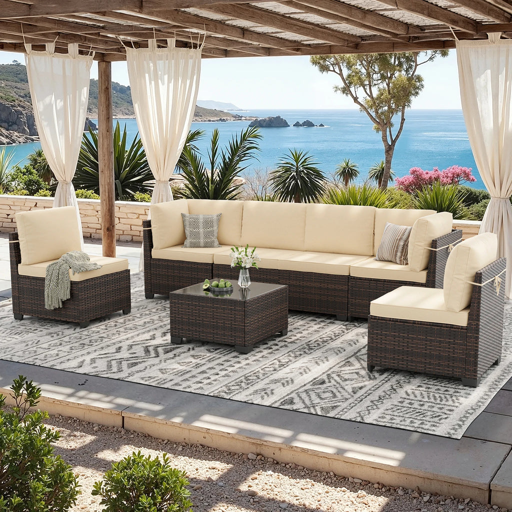7 Piece Patio Furniture Set, Outdoor Sectional Rattan Conversation Set for Garden, Porch, Backyard