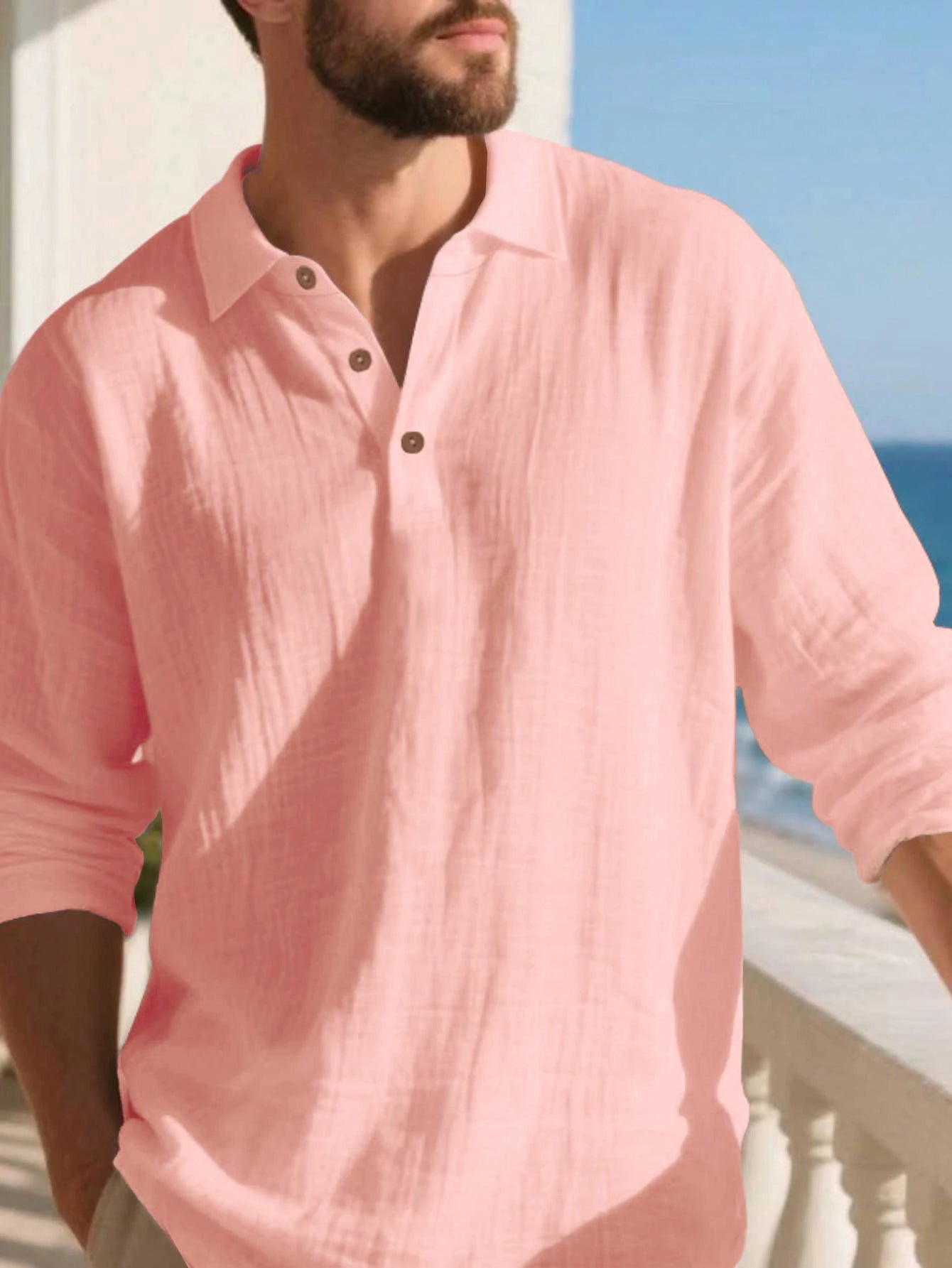 Men Vintage White Textured Linen Henley Polo Long Sleeve Shirt Lightweight Breathable Summer Beach Resort Relax Fit Daily Casual Office Tunic Shirts