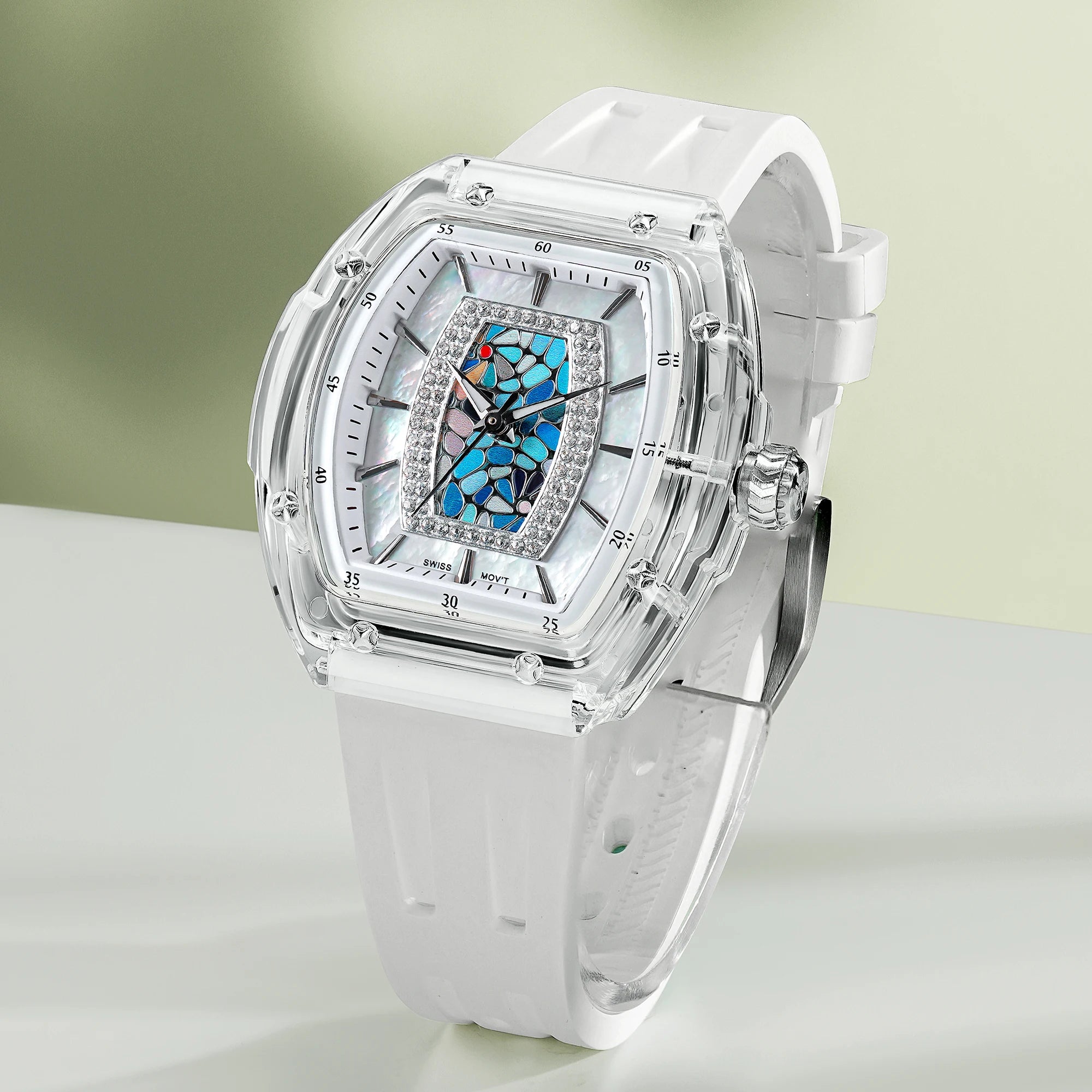 TSAR BOMBA Women’s Quartz Watch, Swiss Movement, Transparent Case, Zircon Dial, Comfortable Strap, Elegant Fashion Wristwatch