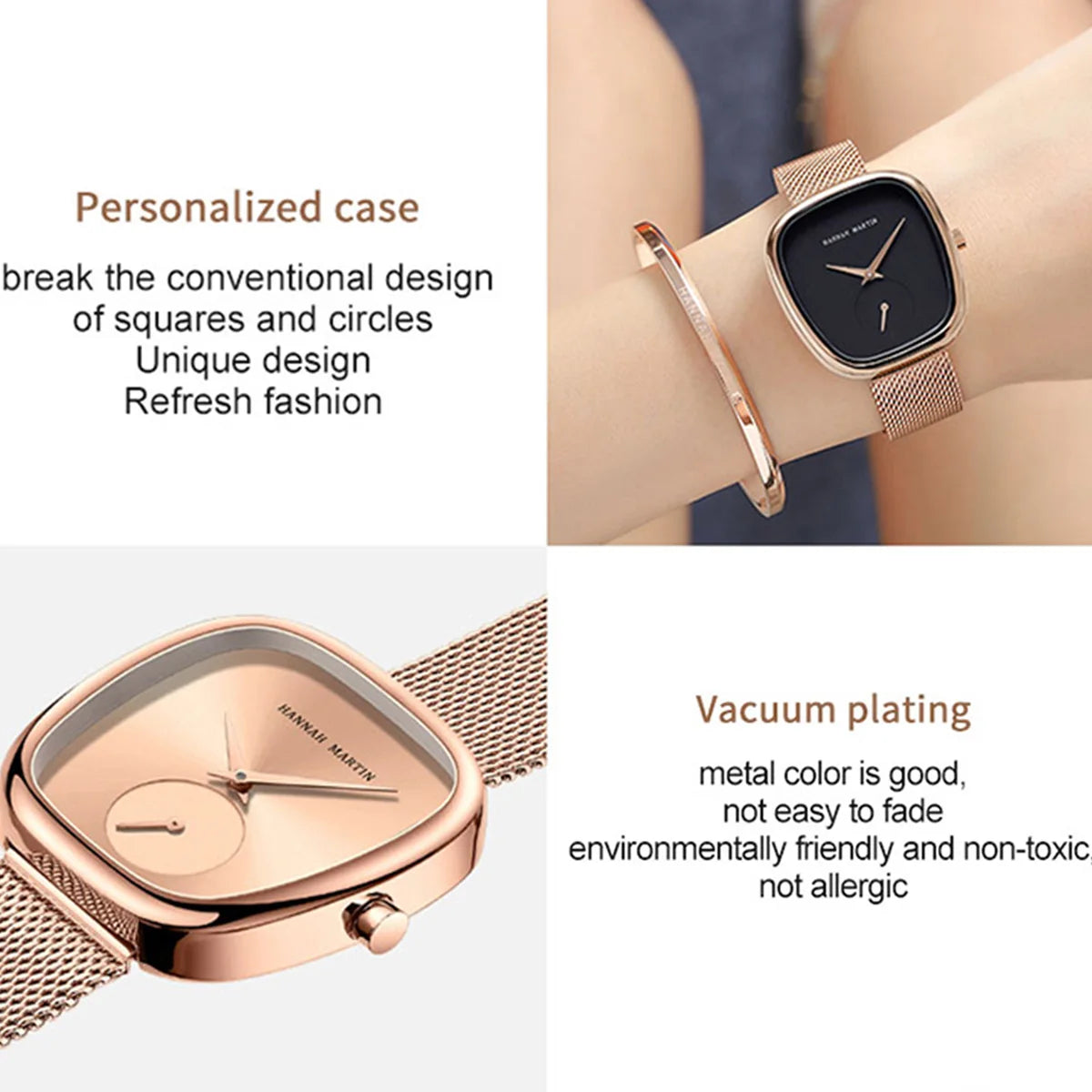 US Local Shipping Women's Watch Oval Rose Gold Case 34mm White Minimalist Dial Original Clock Quartz Movement, Creative Sub Dial, Stainless Steel Mesh Belt, Daily Matching, Work Commuting, Women Jewelry Watch