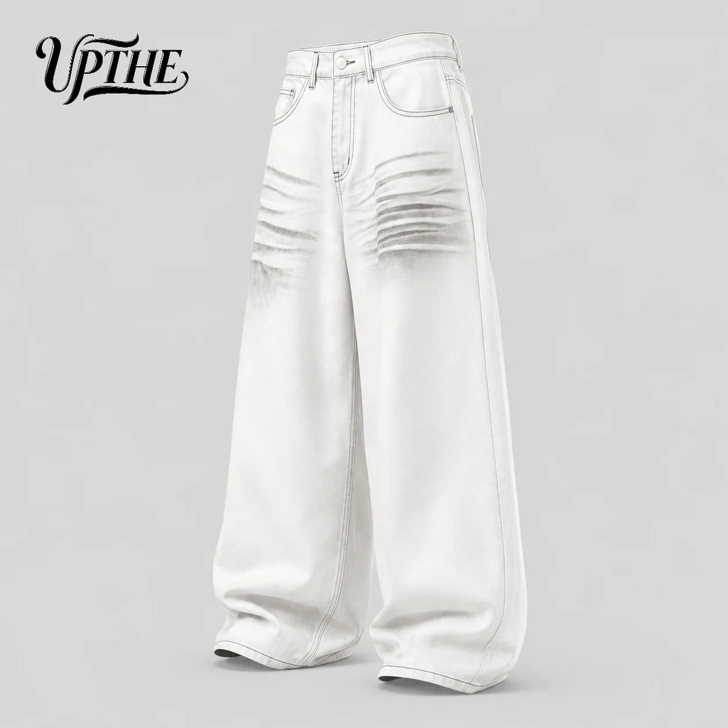 UP.THE Men White Gradient Washed Crinkle Baggy Wide Leg Jeans, Y2K Oversized Loose Distressed Denim Pants, Grunge Streetwear Trousers for Daily Outfits