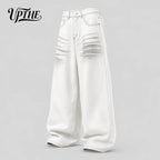 UP.THE Men White Gradient Washed Crinkle Baggy Wide Leg Jeans, Y2K Oversized Loose Distressed Denim Pants, Grunge Streetwear Trousers for Daily Outfits