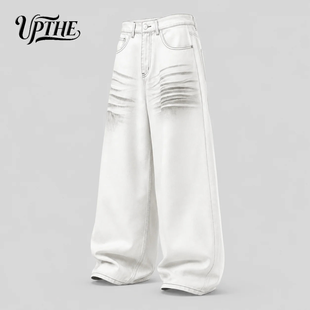 UP.THE Men White Gradient Washed Crinkle Baggy Wide Leg Jeans, Y2K Oversized Loose Distressed Denim Pants, Grunge Streetwear Trousers for Daily Outfits