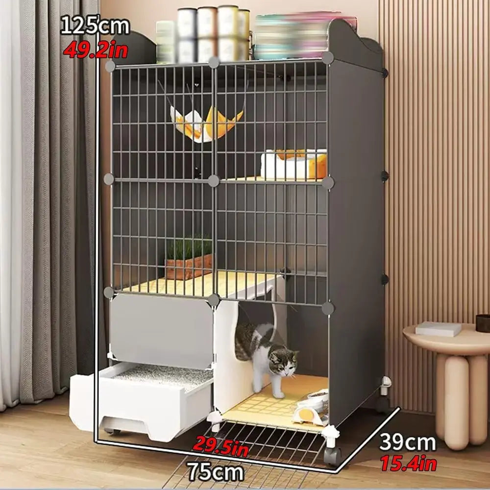 Indoor Pet Playpen with Detachable Metal Wire, 360° Wheels, Climbing Ladder, and Litter Box (29.5x15.4x49.2in)
