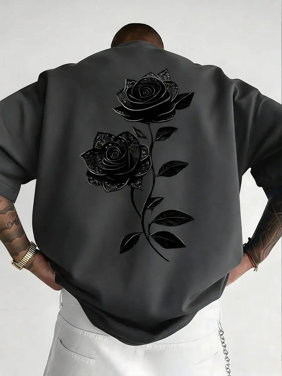 Men's White Cotton Graphic Tee, Oversized Black Rose Print T-Shirt, Streetwear Crew Neck Top, Loose Fit Y2K Style Casual Tee,