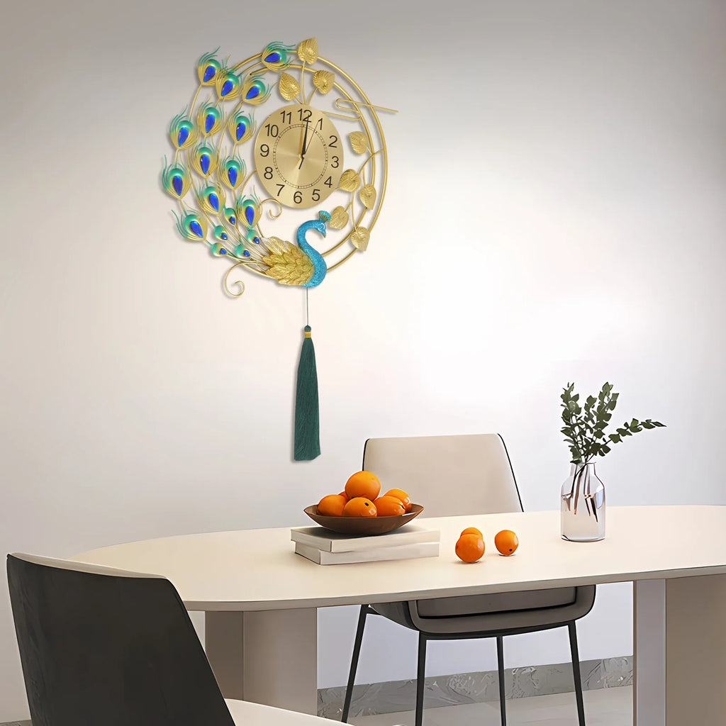 Luxury Large Peacock Wall Clock Silent Quartz Golden Blue Art Decor for Living Room Bedroom Office Unique Gift Home Kitchen Cafe Bar Resin Metal 58cm