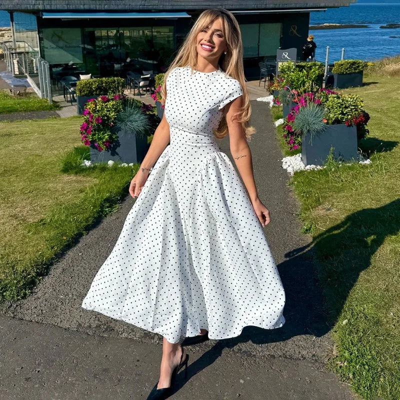 XTOCEAN White Polka Dot Long Dress Summer Sexy High-Waisted Vintage Print Sleeveless Dress Casual Party Vacation New Women Dress