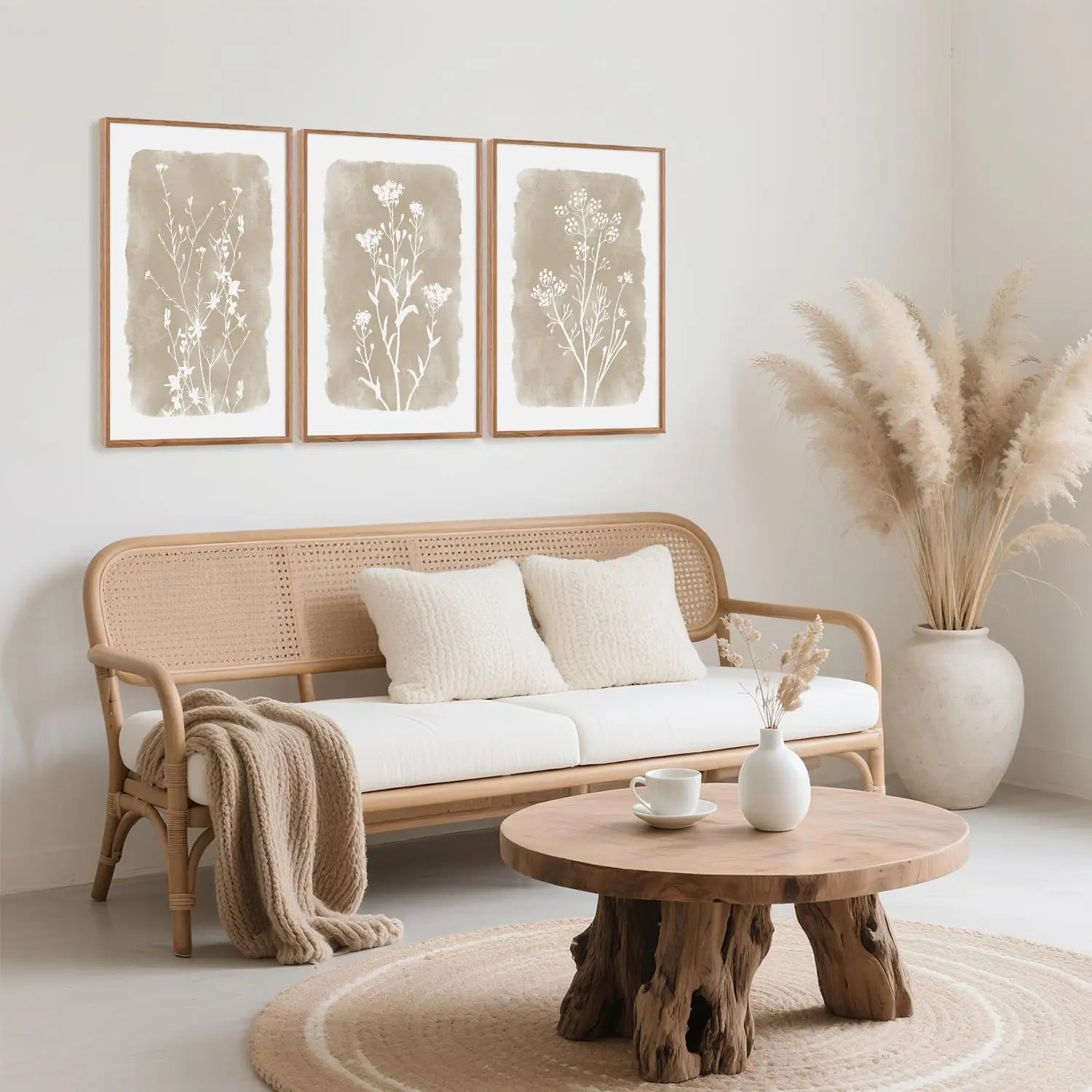 Set of 3 Framed Neutral Beige Boho Wildflower Botanical Canvas Wall Art Prints 24 X 36 Inch, Farmhouse Floral Artwork for Living Room Bedroom Above Bed Indoor Wall Decor