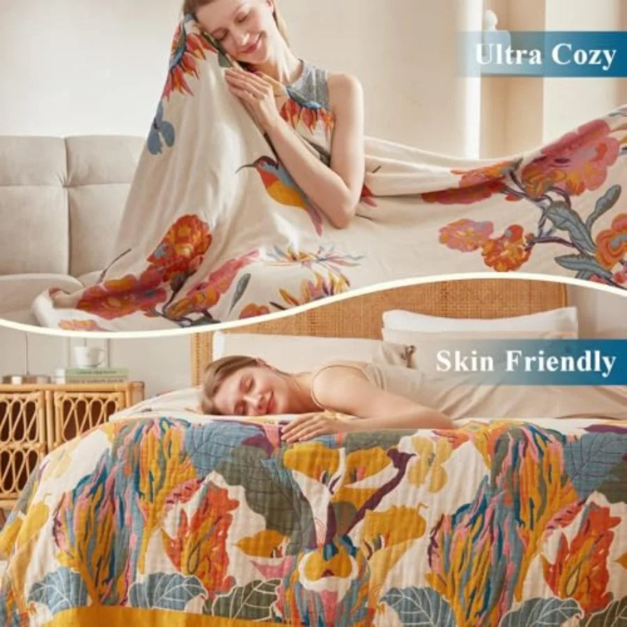Boho Throw Blanket - 100% Cotton Soft Summer Throw Blanket for Bed, 50"x60" Reversible Breathable Lightweight Blankets, All Sea
