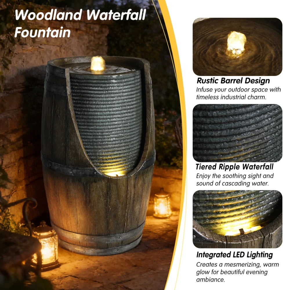 Outdoor Water Fountain with Bird Waterer, Rustic Barrel Garden Fountain with LED Lights and Pump, Faux Wood Resin Water Feature for Patio Backyard Porch Yard