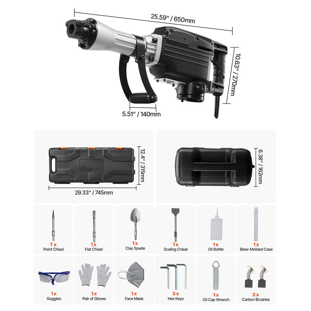 SucceBuy Demolition Jack Hammer 2800 W Powerful Electric Jackhammer 1200 BPM Concrete Breaker with Carrying Case Gloves