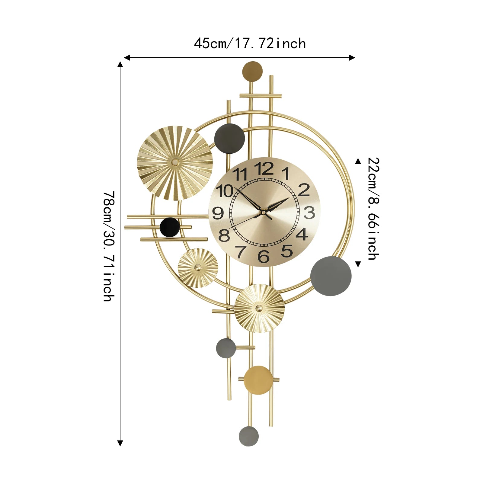 Metal Wall Clock, Luxury Decorative Art Clock, Battery Powered Round Wall Decor Silent Clocks 17.72*30.71in for Home Living Room Bedroom Kitchen Office Decor